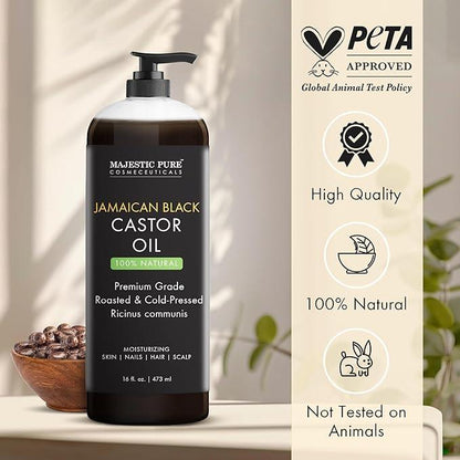 Majestic Pure Jamaican Black Castor Oil for Natural Skin Care - Roasted & Cold-Pressed - Massage, Scalp, Hair and Nails - 473 ml - Which Mark