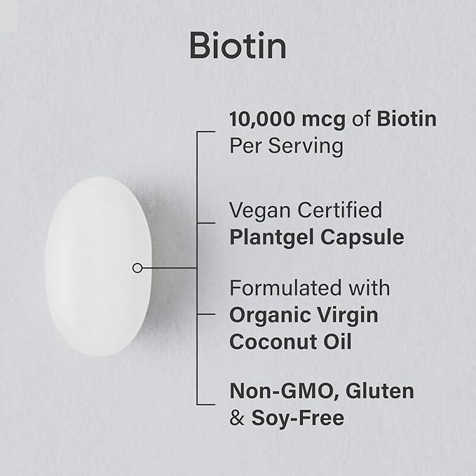 Sports Research® Max Strength Vegan Biotin 10,000mcg with Organic Coconut Oil - Helps to Maintain Healthy Hair, Nails and Skin - Great for Women & Men - 120 Veggie Softgels - Which Mark