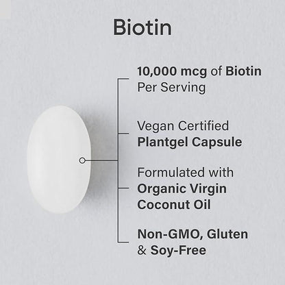 Sports Research® Max Strength Vegan Biotin 10,000mcg with Organic Coconut Oil - Helps to Maintain Healthy Hair, Nails and Skin - Great for Women & Men - 120 Veggie Softgels - Which Mark