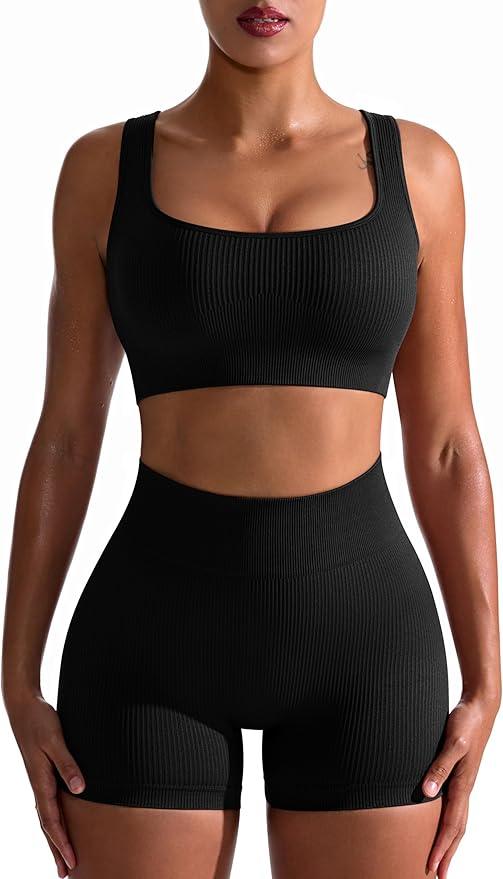 OQQ Workout Outfits for Women 2 Piece Seamless Ribbed High Waist Leggings with Sports Bra Exercise Set… - Which Mark