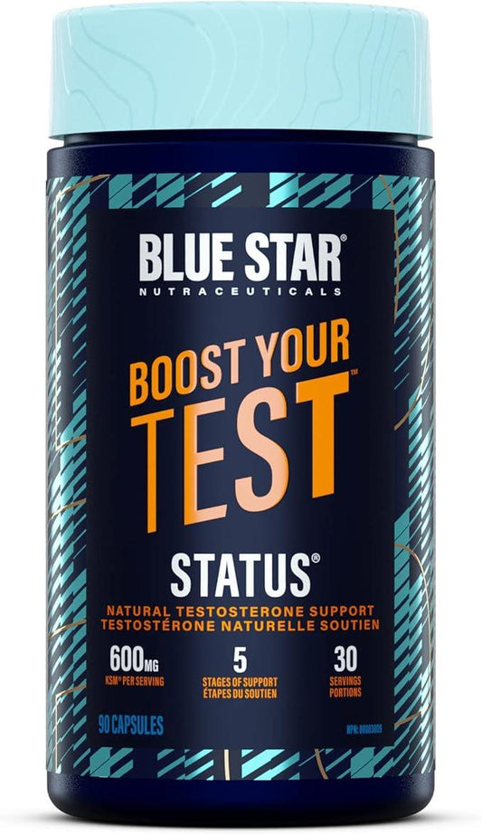 Blue Star Nutraceuticals STATUS - Testosterone Booster for Men - w/KSM 66 Ashwagandha - Invigorate Stamina, Muscle Growth & Energy | Natural Test Booster Support - 90 Veggie Capsules - Which Mark