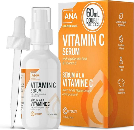 All Natural Advice Vitamin C Serum 60mL | 20% Vitamin C Face Serum Solution with Organic Botanicals, Hyaluronic Acid & Vitamin E | UV-Shielding Glass Bottle, Spray & Dropper | Canadian Skin Care - Which Mark