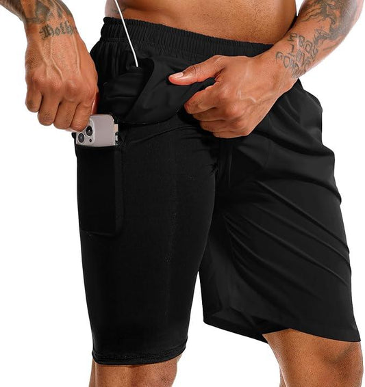 TENJOY Men's 2 in 1 Running Shorts Quick Dry Gym Athletic Workout Shorts for Men with Phone Pockets - Which Mark