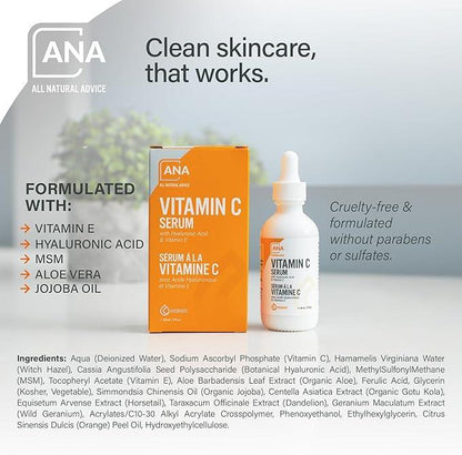 All Natural Advice Vitamin C Serum 60mL | 20% Vitamin C Face Serum Solution with Organic Botanicals, Hyaluronic Acid & Vitamin E | UV-Shielding Glass Bottle, Spray & Dropper | Canadian Skin Care - Which Mark