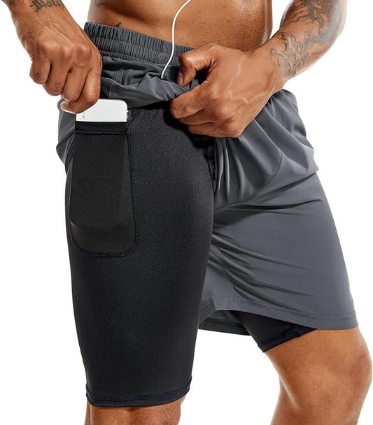 TENJOY Men's 2 in 1 Running Shorts Quick Dry Gym Athletic Workout Shorts for Men with Phone Pockets - Which Mark