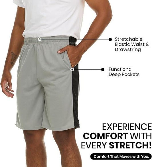 Essential Elements 4 Pack: Men's Active Performance Athletic Basketball Workout Gym Knit Shorts with Pockets - Which Mark
