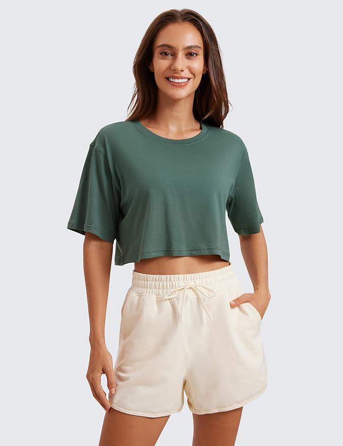 CRZ YOGA Women's Pima Cotton Workout Crop Tops Short Sleeve Yoga Shirts Casual Athletic Running T-Shirts - Which Mark