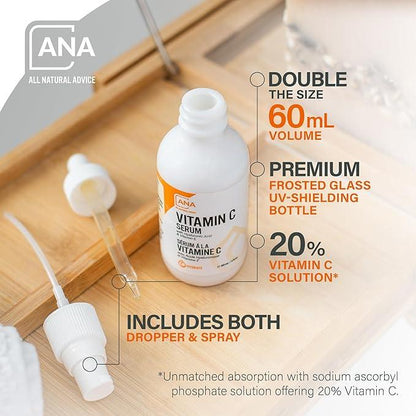 All Natural Advice Vitamin C Serum 60mL | 20% Vitamin C Face Serum Solution with Organic Botanicals, Hyaluronic Acid & Vitamin E | UV-Shielding Glass Bottle, Spray & Dropper | Canadian Skin Care - Which Mark