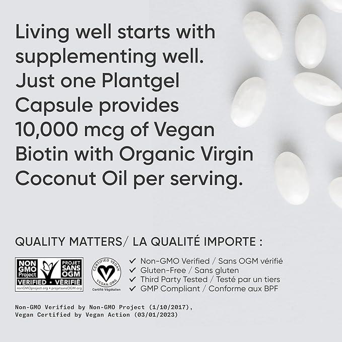 Sports Research® Max Strength Vegan Biotin 10,000mcg with Organic Coconut Oil - Helps to Maintain Healthy Hair, Nails and Skin - Great for Women & Men - 120 Veggie Softgels - Which Mark