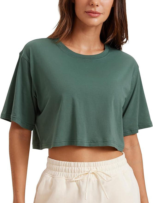 CRZ YOGA Women's Pima Cotton Workout Crop Tops Short Sleeve Yoga Shirts Casual Athletic Running T-Shirts - Which Mark