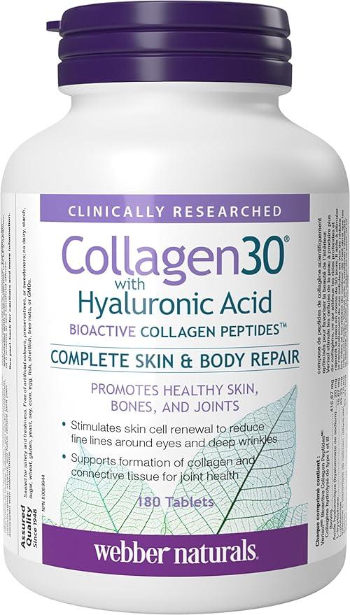Webber Naturals Collagen30 with Hyaluronic Acid, Bioactive Collagen Peptides, 180 Tablets, Helps Reduce Joint Pain, Eye Wrinkles and Fine Facial Line - Which Mark