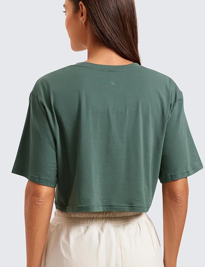 CRZ YOGA Women's Pima Cotton Workout Crop Tops Short Sleeve Yoga Shirts Casual Athletic Running T-Shirts - Which Mark