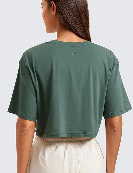 CRZ YOGA Women's Pima Cotton Workout Crop Tops Short Sleeve Yoga Shirts Casual Athletic Running T-Shirts - Which Mark