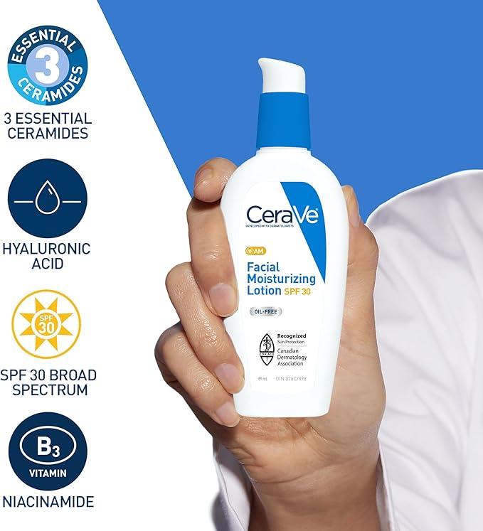 CeraVe Facial Moisturizer with SPF 30. Face Sunscreen Lotion with Hyaluronic Acid, Niacinamide & Ceramides for Women & Men. Oil-free, normal to dry skin. Verified Extended Use Date, Travel Size 89ML - Which Mark