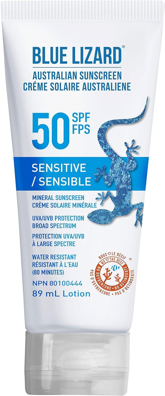 BLUE LIZARD Sensitive Mineral Sunscreen Lotion, SPF 50+, Water Resistant with Smart Cap Technology - 89 ml Tube - Which Mark