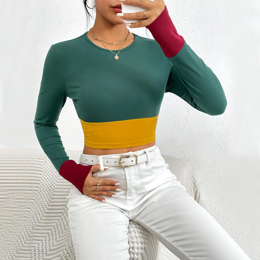 Slim Fit O-neck Short Stitching Long Sleeve T-shirt Women - Which Mark