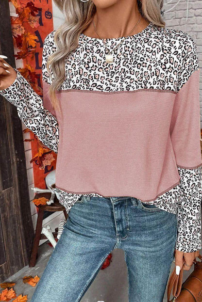 Women Round Neck Leopard Splicing Waffle Sweater - Which Mark