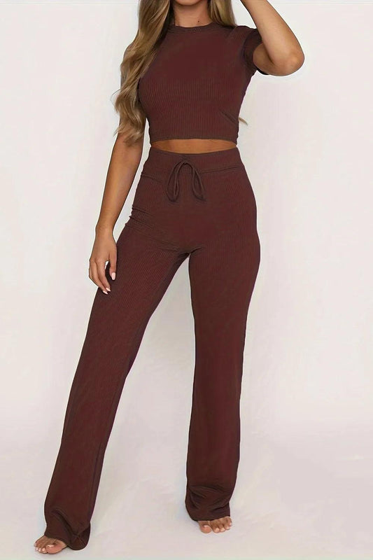 Round Neck Short Sleeve Top and Pants Set - Which Mark