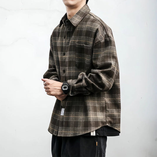 Autumn Winter Retro Sanding Padded Plaid DressShirt Men - Which Mark
