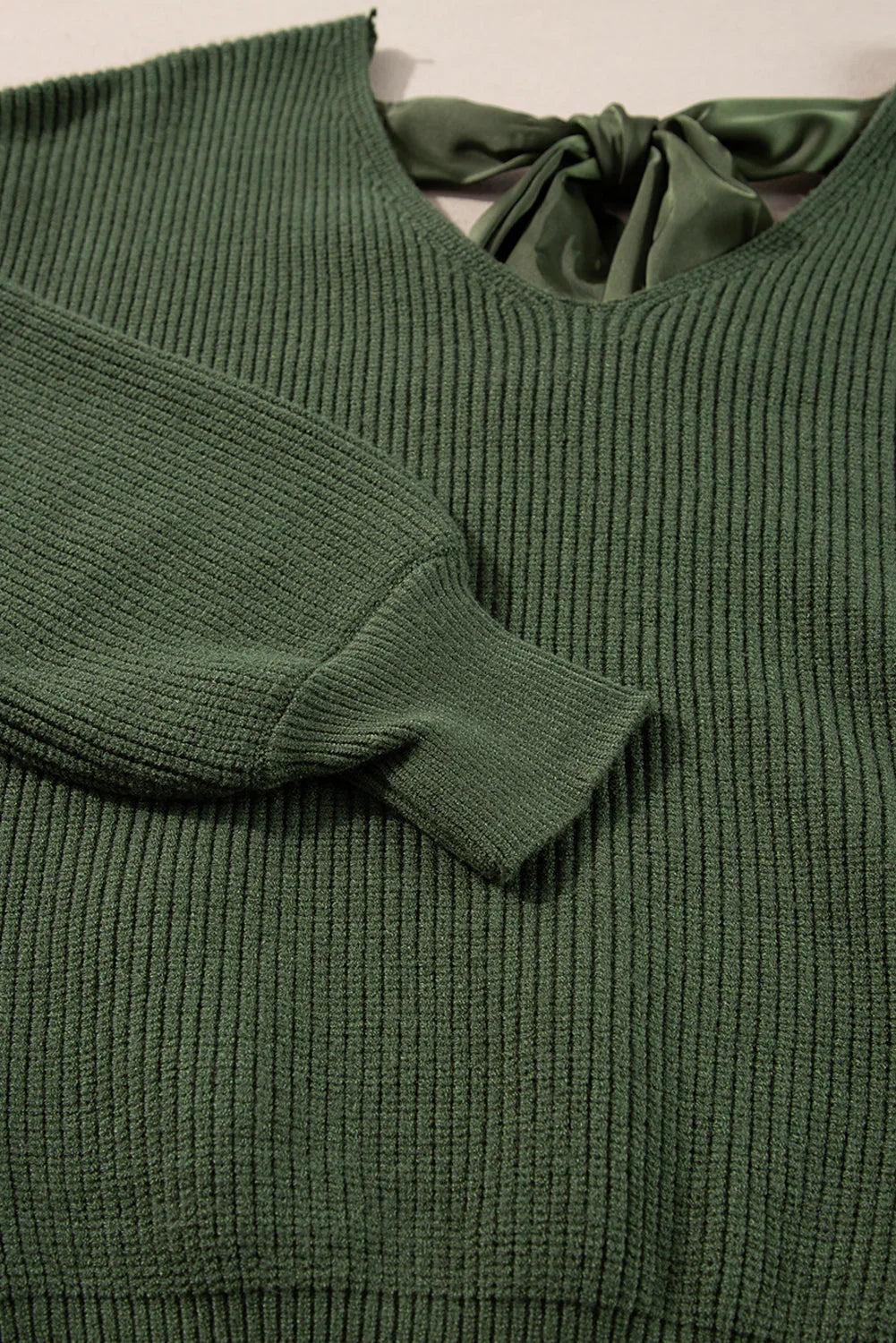 Jungle Green Lantern Sleeve V Neck Knot Back Sweater - Which Mark