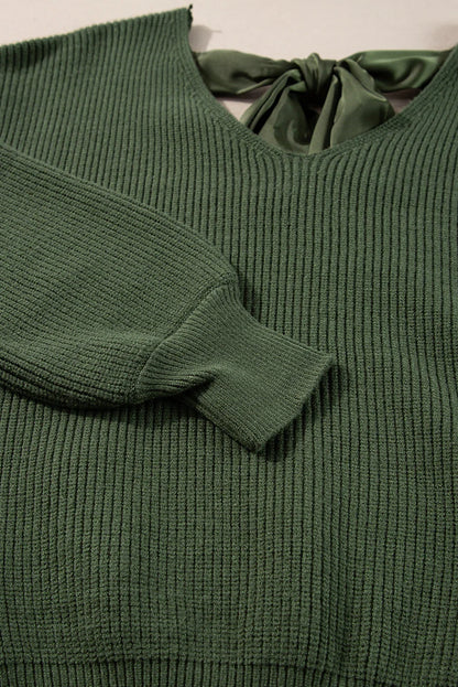 Jungle Green Lantern Sleeve V Neck Knot Back Sweater - Which Mark