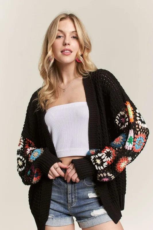 ADORA Full Size Contrast Crochet Open Front Long Sleeve Cardigan Plus Size - Which Mark