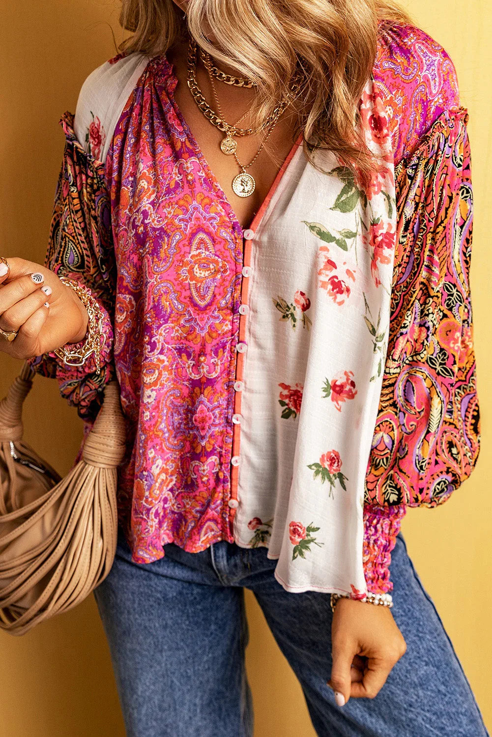 Multicolor Floral Patchwork Shirred Cuff Buttoned V Neck Blouse - Which Mark