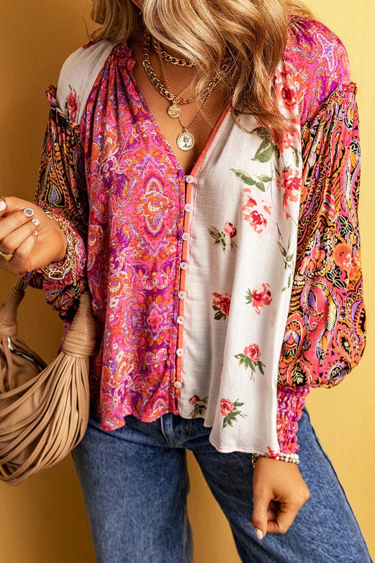 Multicolor Floral Patchwork Shirred Cuff Buttoned V Neck Blouse - Which Mark