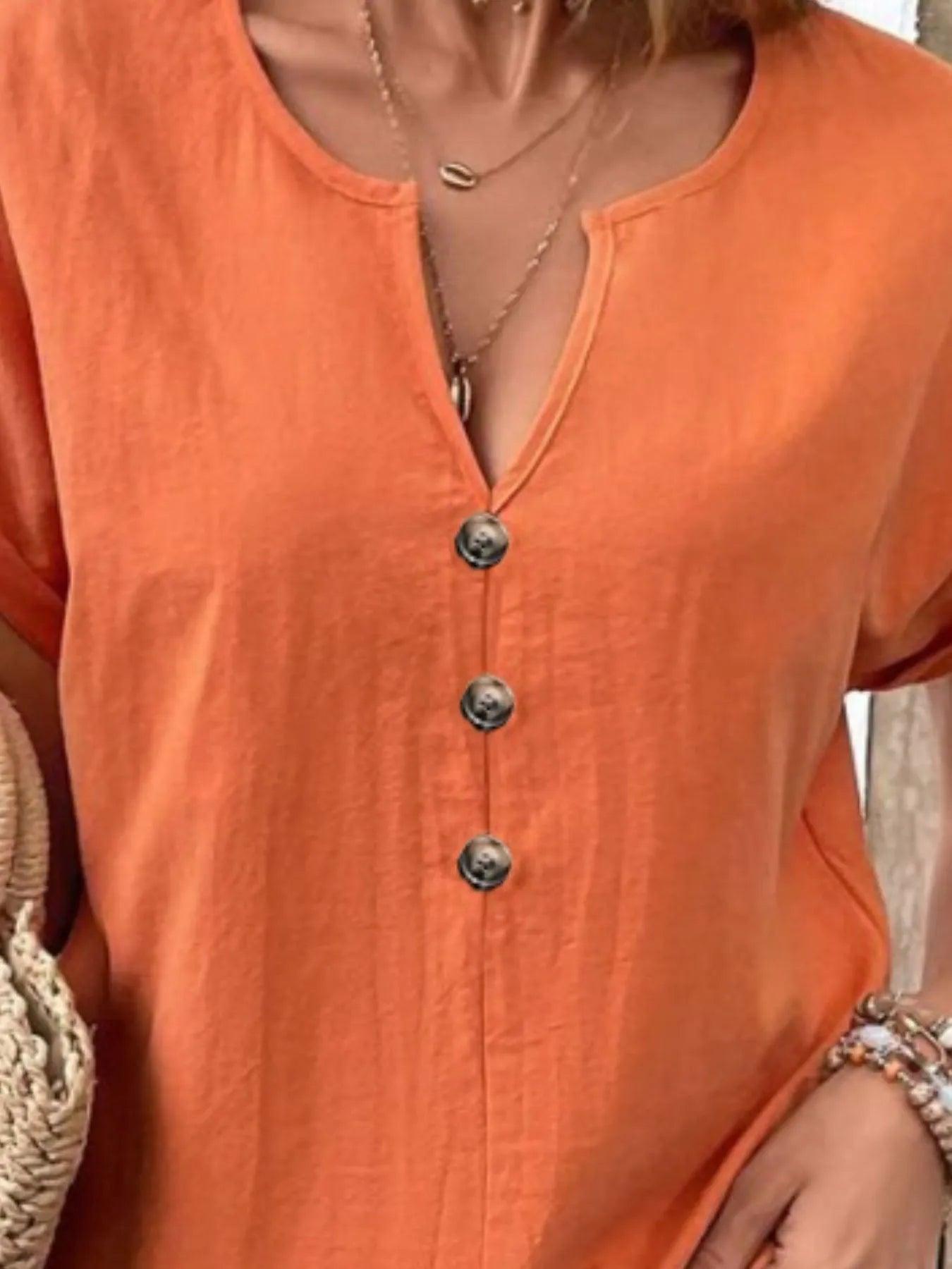 Full Size Notched Short Sleeve Top Plus Size - Which Mark
