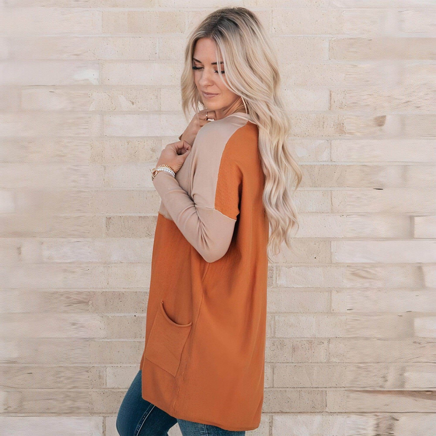 Women's Orange Pocket Color Matching Long-sleeved Top T-shirt - Which Mark