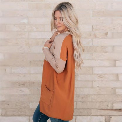 Women's Orange Pocket Color Matching Long-sleeved Top T-shirt - Which Mark