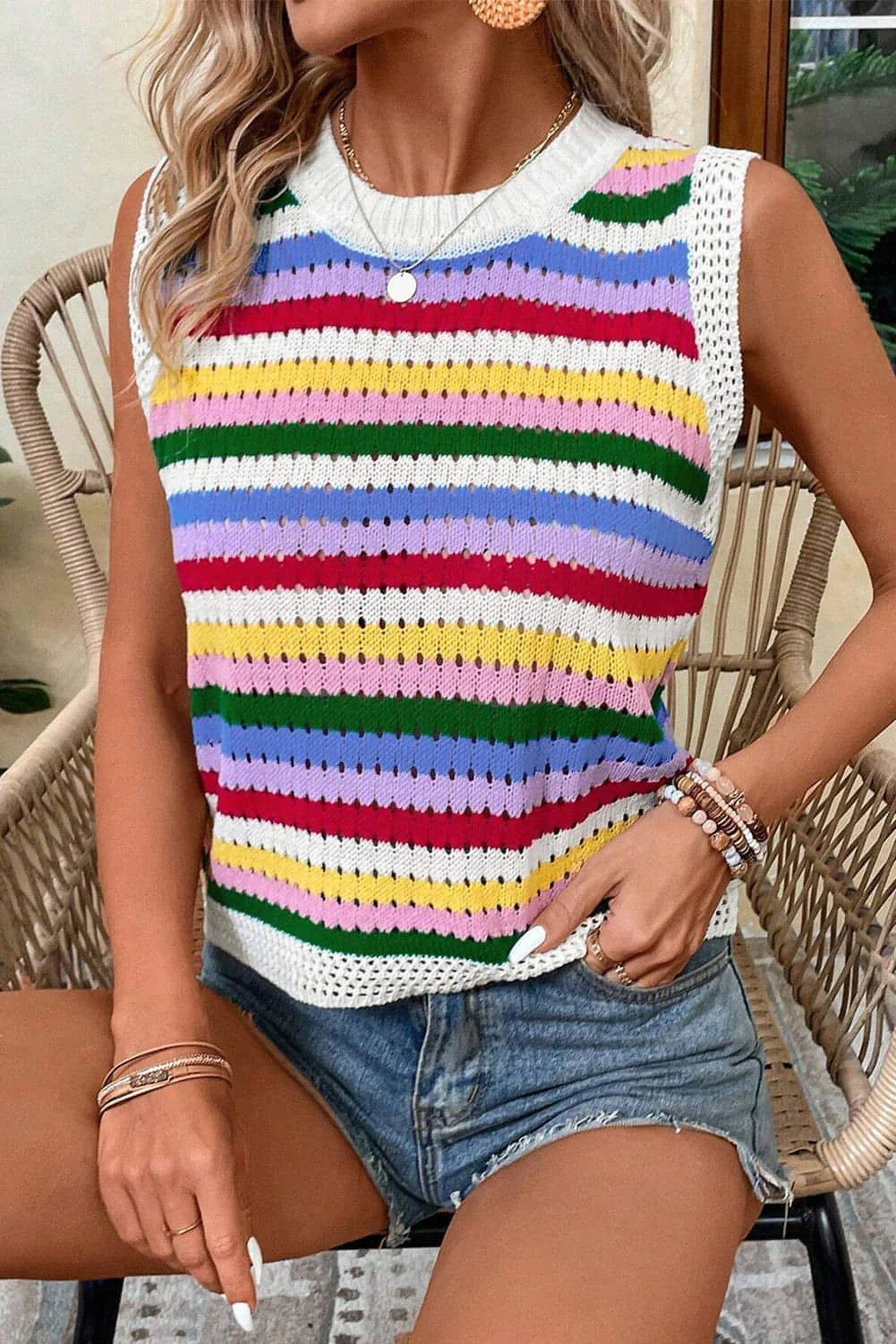 Multicolour Striped Knitted Eyelet Slim Sweater Vest - Which Mark