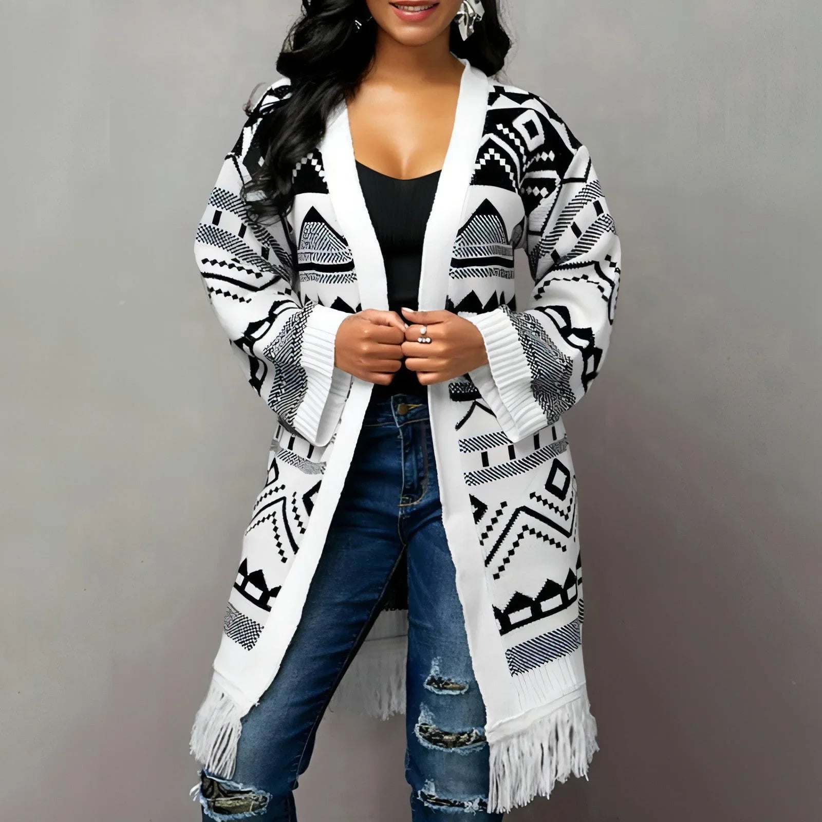 Ladies Tassel Hem Jacquard Cardigan Sweater - Which Mark