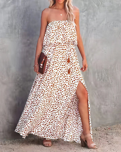 Leopard Print Floral-print Off-shoulder Ruffled Slit Dress - Which Mark