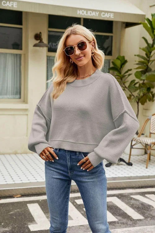 Loose Cropped Pullover Fashion Long Sleeve Round Neck Sweater - Which Mark