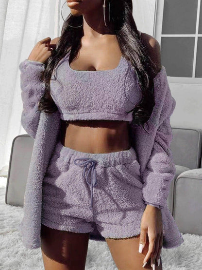 Suits 3pcs Winter Solid Color Double-sided Plush Warm Thickened Hooded - Which Mark