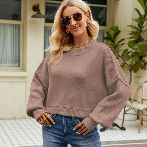 Loose Cropped Pullover Fashion Long Sleeve Round Neck Sweater - Which Mark