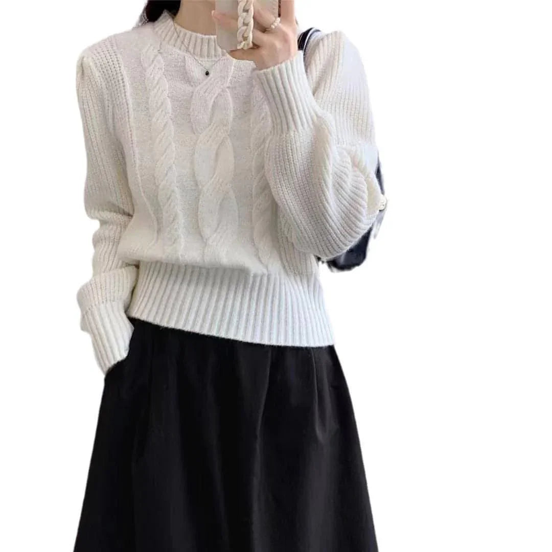 Round Neck Lantern Sleeve Cable-knit Sweater - Which Mark