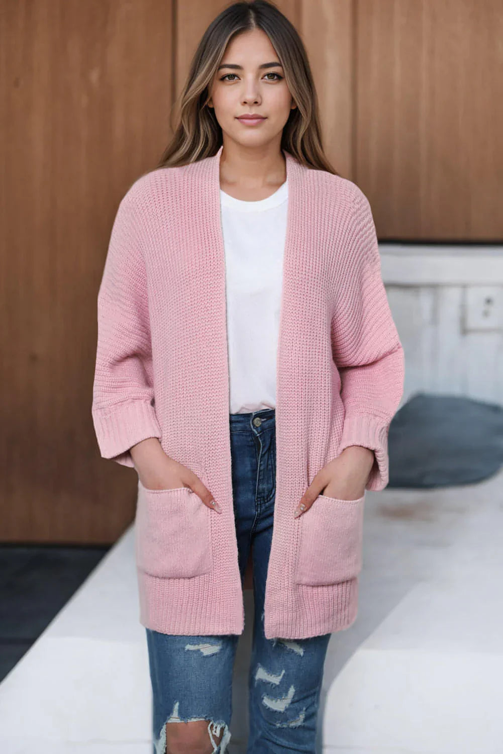 Pink Oversized Fold Over Sleeve Open Front Cardigan. - Which Mark