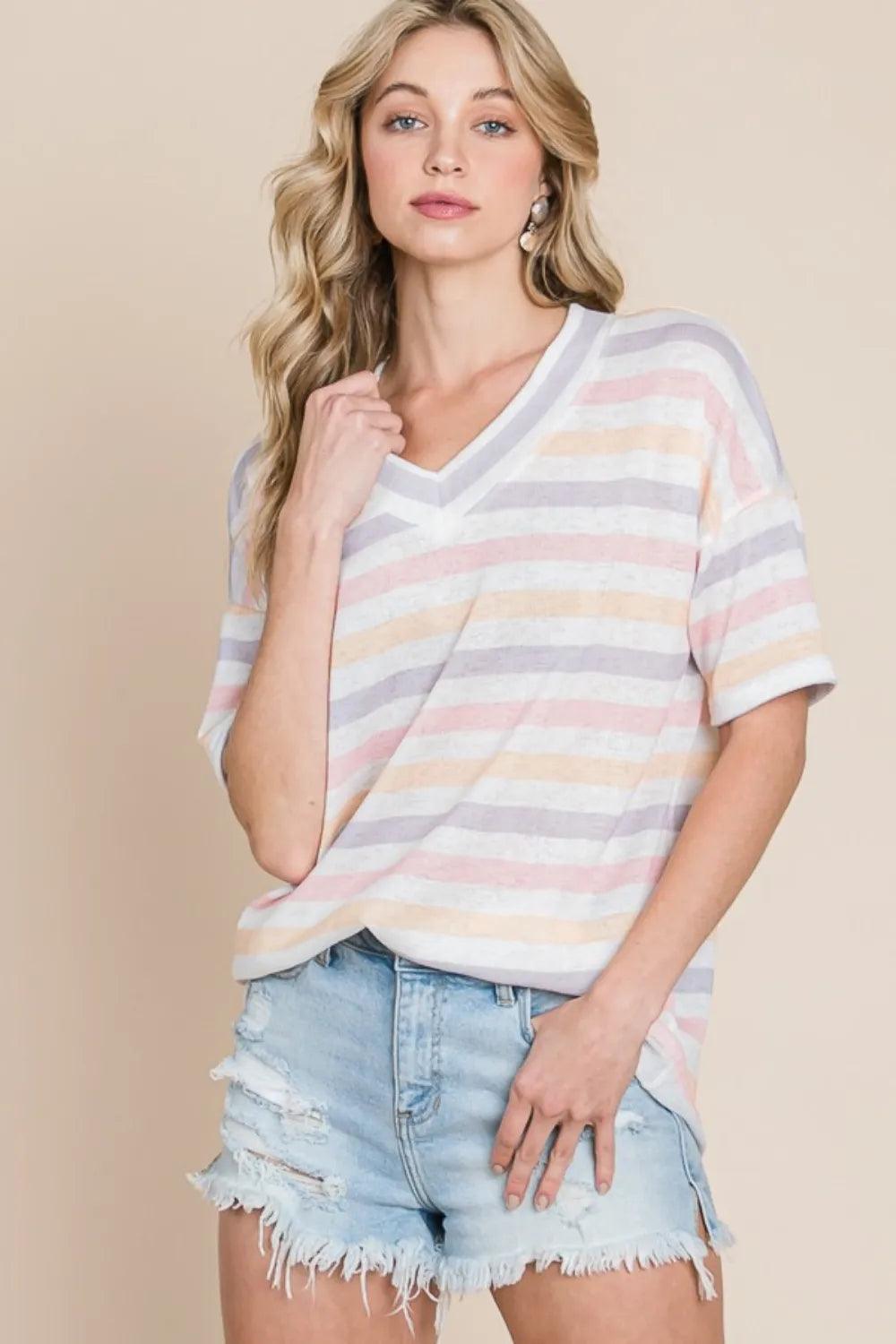 BOMBOM Striped V-Neck Short Sleeve T-Shirt - Which Mark