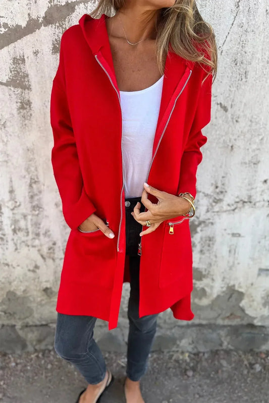 Fiery Red Solid Color Casual Zip up Hooded Coat - Which Mark
