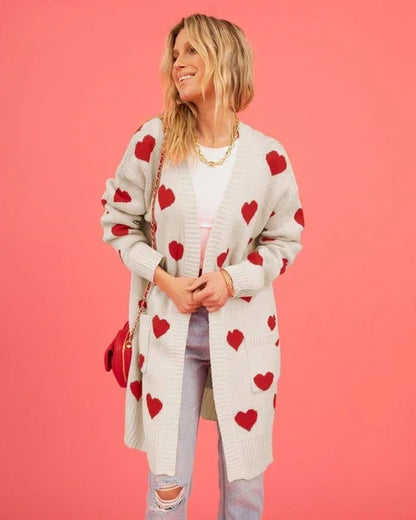 Heart Knitted Cardigan Love Pocket V-neck Mid-length Sweater - Which Mark