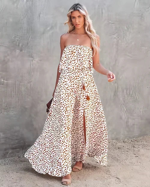Leopard Print Floral-print Off-shoulder Ruffled Slit Dress - Which Mark