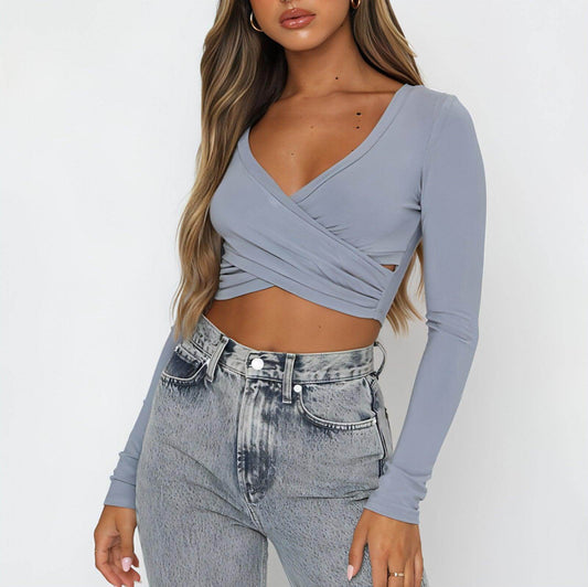 Women's Clothing Cross V-neck Stitching Slim-fit Long-sleeved - Which Mark