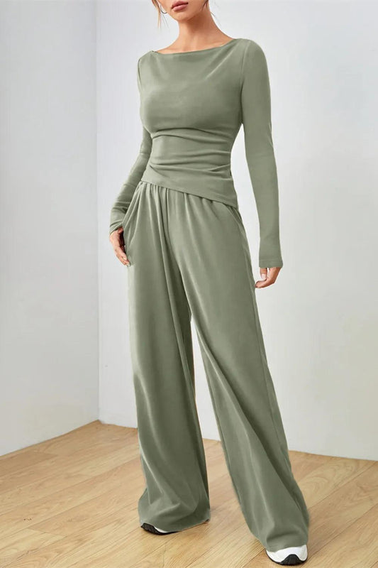 Boat Neck Long Sleeve Top and Pants Set - Which Mark