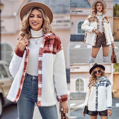 Women's Patchwork Lapel Loose Long Sleeve Plush Coat Jacket - Which Mark