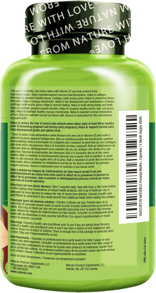 NATURELO Prenatal Multivitamin with Gentle Chelated Iron, Methyl Folate, Plant Calcium & Choline - Vegan, Vegetarian - Non-GMO - Gluten Free - 180 Capsules - 2 Month Supply - Which Mark