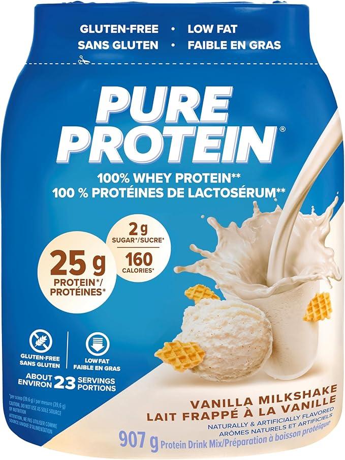 Pure Protein Whey Powder - High Protein (25 g/scoop), Low Sugar (2 g/scoop), Gluten Free - Fast-Acting Formula, Vanilla, 907g - Which Mark