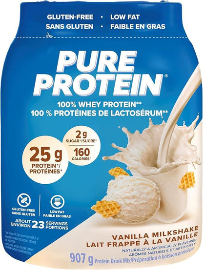 Pure Protein Whey Powder - High Protein (25 g/scoop), Low Sugar (2 g/scoop), Gluten Free - Fast-Acting Formula, Vanilla, 907g - Which Mark