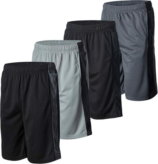 Essential Elements 4 Pack: Men's Active Performance Athletic Basketball Workout Gym Knit Shorts with Pockets - Which Mark